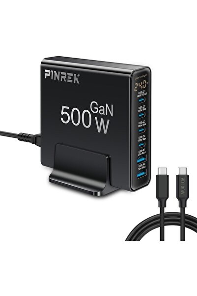PINREK محطة شحن سريعة USB-C مزودة بـ 6 منافذ GaN III بقوة 500 وات مع تقنية PD...