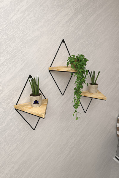 ÇınarWoods 3 Lü Üçgen Dekoratif Duvar Rafı Saksılık Balkon Rafı Masif Ahşap Raf
