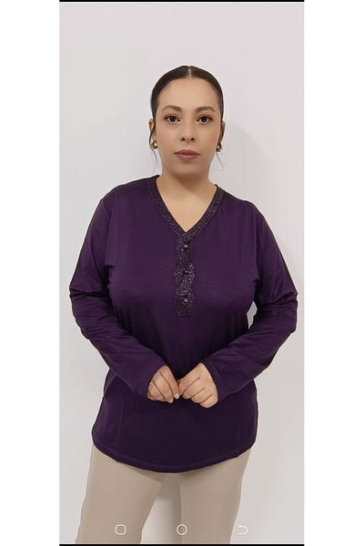 AKŞEN GİYİM Plus Size V-neck High Quality Long Sleeve Mother Blouse with Glitter and Pearl Button Detail
