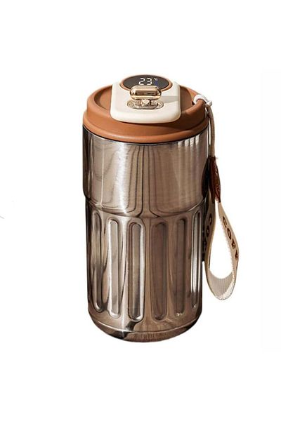 PUFO Cană termos de lux cu indicator LED de temperatură, 400 ml, argintiu/maro