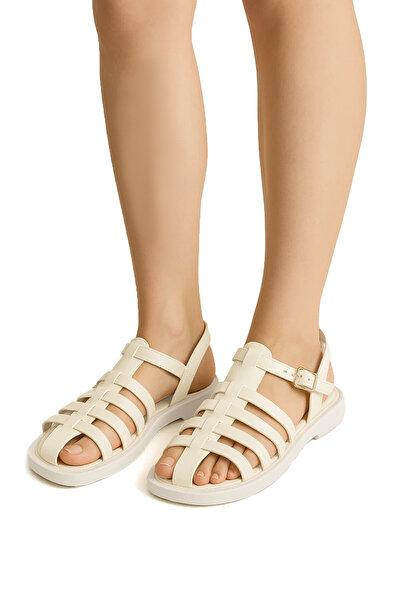 Ayakkabı Fuarı Elit Camila Women's Genuine Leather Orthopedic Flat Sandals Beige
