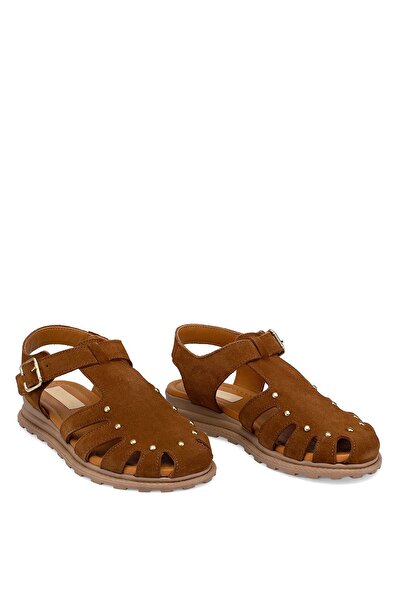 Ayakkabı Fuarı Elit Celestine Kadın Hakiki Deri Düz Sandalet Taba