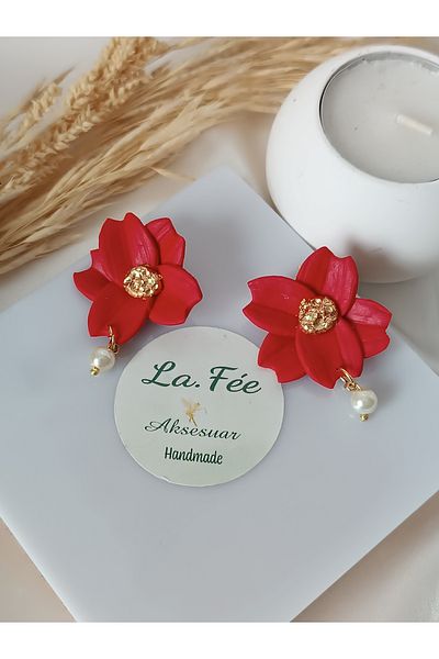 La fee aksesuar Red Flower Earrings Polymer Clay Steel Women Earrings Pearl Detail