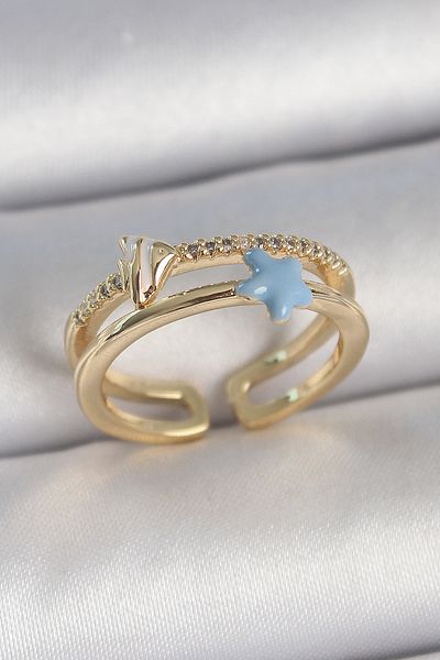 Skygo Brass Gold Color 2-Piece Zircon Stone Blue Star Figure Adjustable Women's Ring - Tj-Byk3739