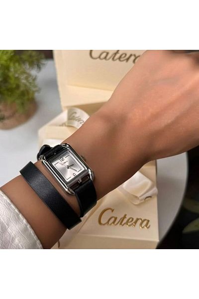 catera Caterra Women's Watch with Two-Tone Leather Strap, Black Strap, Silver Frame