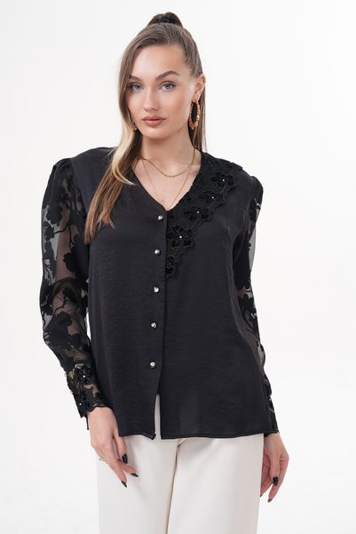 Loom Boutique قميص كتان ديفور بأكمام كبيرة الحجم ورقبة على شكل حرف V