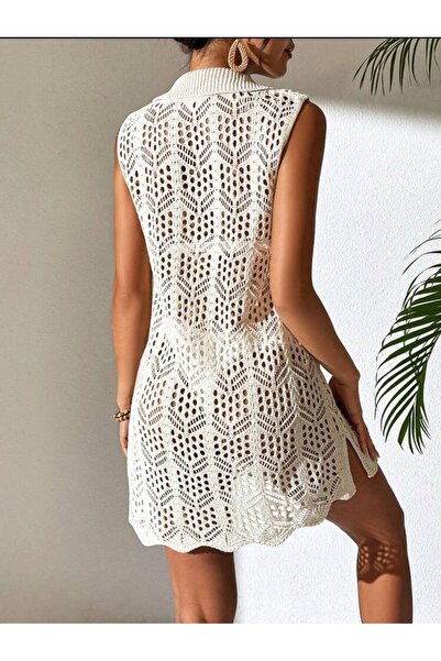 Gülçin Coşkun Shirt Collar Sleeveless Model Openwork 100% Cotton Bikini Top Comfortable Fit Knitwear Pareo-Beach Dress
