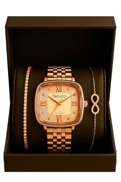 Ferrucci Model Women's Wristwatch Set with Stone Infinity & Waterway Bracelet Special Gift Box