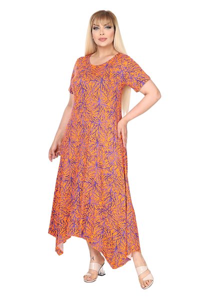 MELSAY Plus Size Asymmetrical Cut Orange Coral Patterned Short Sleeve Dress