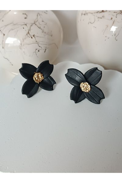 La fee aksesuar Black Flower Earrings Polymer Clay Steel Women Earrings Pearl Detail
