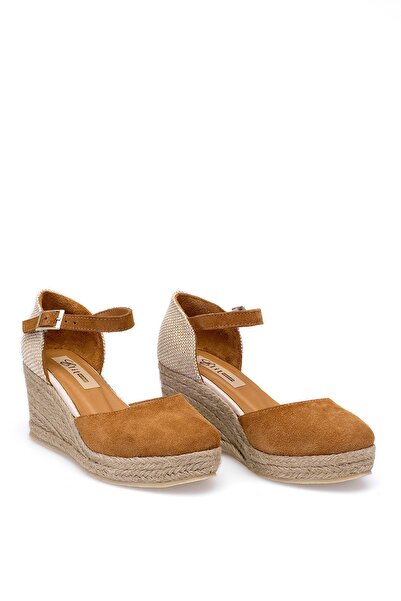 Ayakkabı Fuarı Kadın Hakiki Süet Deri Dolgu Topuk Sandalet Taba