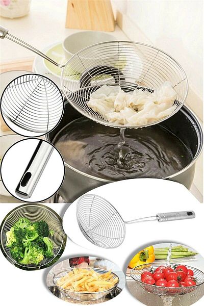 TARIK HOME Long Handle Stainless Steel Luxury Frying Colander, Oil Strainer, Steel Wire Scoop Diameter 15 cm