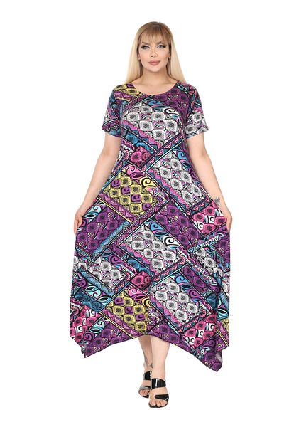 MELSAY Plus Size - Μωβ φόρεμα με στάμπα με ασύμμετρο κόψιμο και κοντό μανίκι