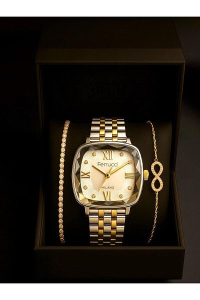 Ferrucci Milano Women's Wristwatch Set with Stone Infinity & Waterway Bracelet Special Gift Box