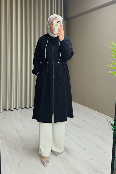 NOSHE Silk Cupra Fabric Hooded Waist Drawstring Detailed Medium Length Cap