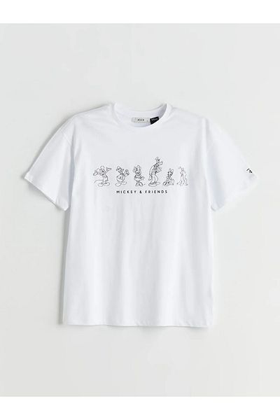 LC Waikiki Tricou alb XSIDE cu decolteu rotund Mickey și prietenii imprimați pentru femei