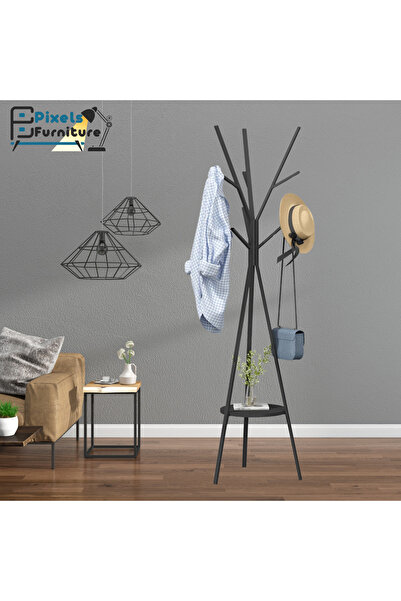 PixelsFurniture علاقة ملابس معدنية على شكل شجرة برف خشبي مع 9 خطافات لتعليق ا...
