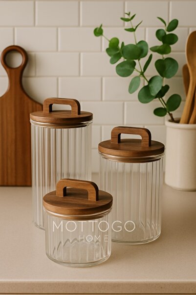 Mottogo Set of 3 Acacia Vacuum Lid Glass Jars (1250ml, 950ml, 650ml)