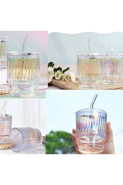 PUFO Cană de călătorie din sticlă Rainbow Line pentru cafea sau ceai, 350 ml, transparentă