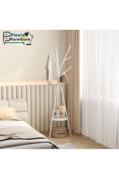 PixelsFurniture Metal Tree Clothes Hanger with Wooden Shelf with 9 Hooks for Hanging Clothes and Scarves by Pixel Furniture