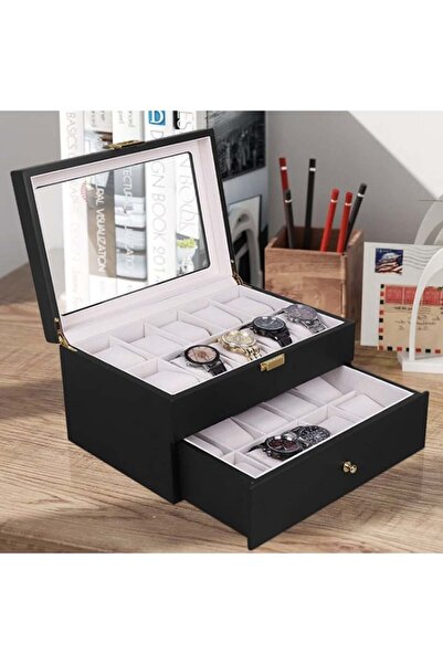 PUFO Wooden box for storing and organizing 20 watches, Pufo Premium model, tiered with drawer, black