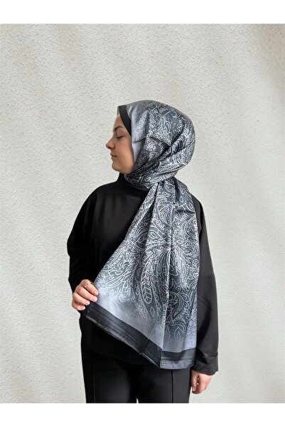 NEOMOON Siyah Gri Floral İpek Soft Şal