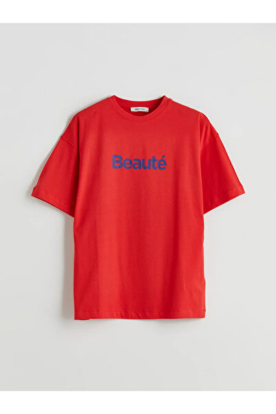 LC Waikiki Lcw Vision Red Crew Neck Printed Oversize Women's T-Shirt