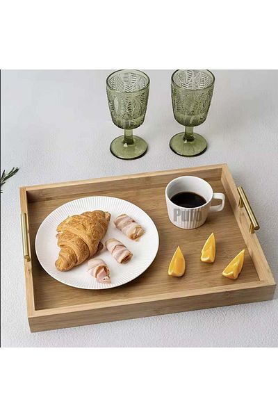 PUFO Tavă elegantă de servire din lemn de bambus cu mânere metalice, 38 x 26 cm