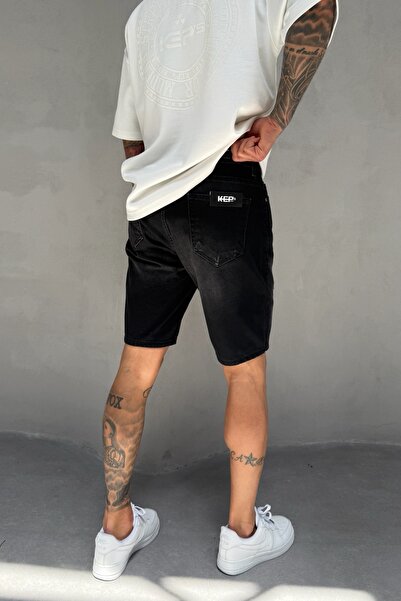 MADZEYMODA Siyah Denim Kumaş Yırtık Detaylı Erkek Jean Kot Şort Mz534