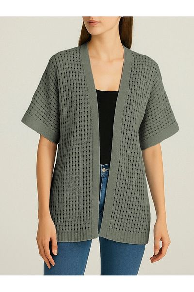 Modamorfo Bat Half Sleeve Openwork Knitwear Cardigan - Khaki