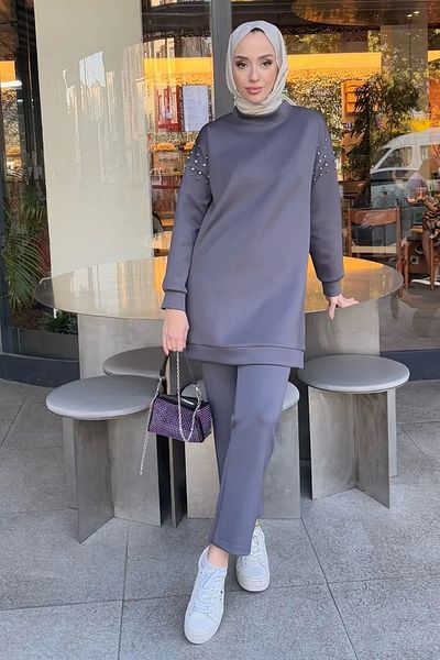 Tesettür Diyarı Anthracite Scuba Fabric Double Set - Shoulder Stone Detail