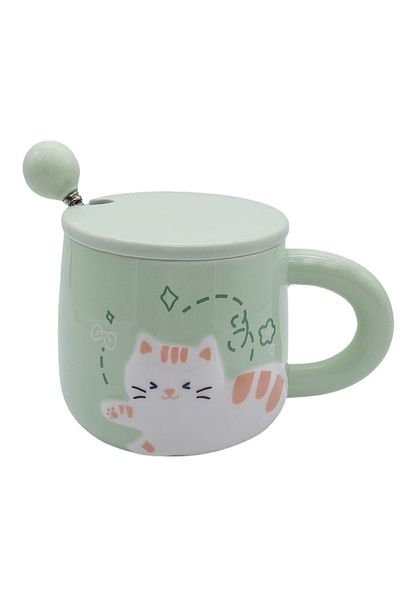 PUFO Cană ceramică Happy Kitty cu capac și linguriță pentru cafea sau ceai, 350 ml, verde