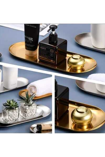 farklı evim 1 Silver 1 Gold Large (30 cm X 12 cm) Boat Oval Stainless Steel Snack Bowl Dessert Jewelry Cosmetic Dish