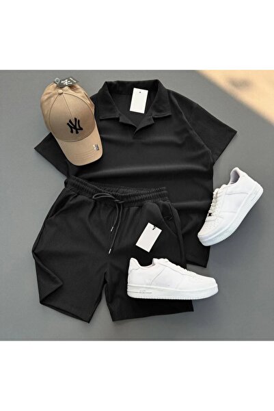 NOFLEN Tricou și pantaloni scurți cu guler negru, combinație de vară din 2 piese