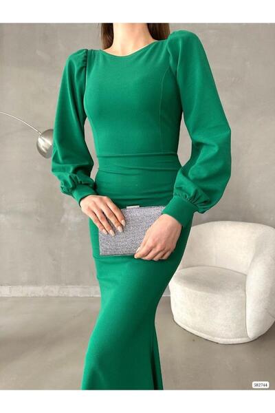 Modafeminen Balon Kol Balık Model Maxi Boy İthal Krep Kumaş Elbise 582744 Zumrut