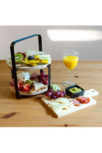 PUFO 2-tiered fruit bowl made of bamboo and metal, for cakes, pastries, fruits, appetizers, 25 x 21.5 cm