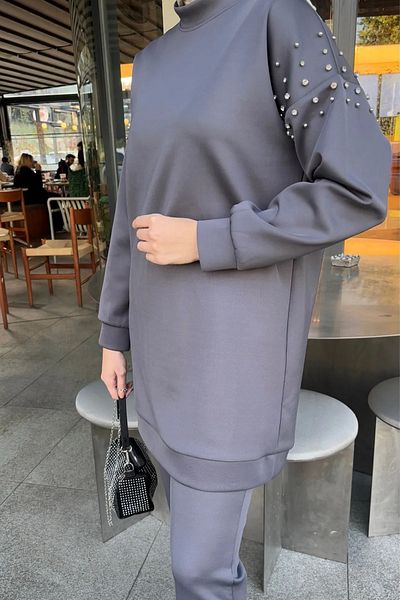 Tesettür Diyarı Anthracite Scuba Fabric Double Set - Shoulder Stone Detail