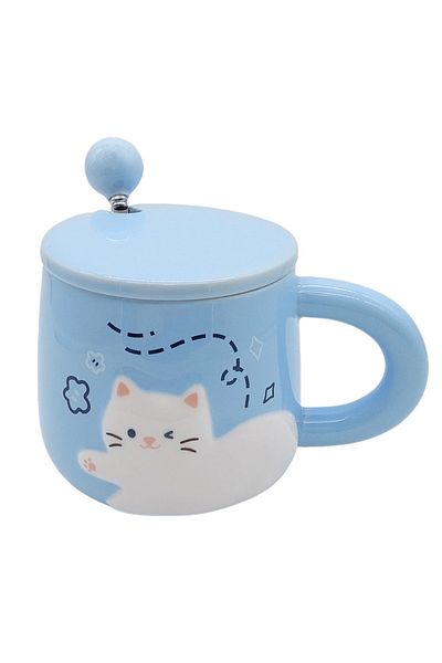 PUFO Cană ceramică Happy Kitty cu capac și linguriță pentru cafea sau ceai, 350 ml, albastră