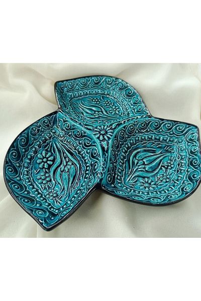 Hd Marketim Tile Snack Bowl Presentation Bowl Plate Breakfast Plate 3 Piece Leaf Ceramic Turquoise