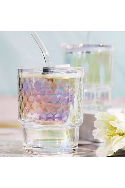 PUFO Cană de călătorie din sticlă cu bule curcubeu pentru cafea sau ceai, 350 ml, transparentă
