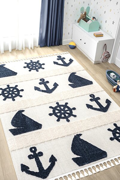Eliz Home Yumuşak Renkli Bukleli Denizcilik Figürlü Dokuma Halı Bebek Odası Ç...