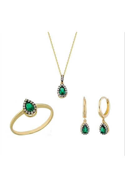 by milo jewellery 14 Ayar Altın Zümrüt Taşlı Üçlü Set