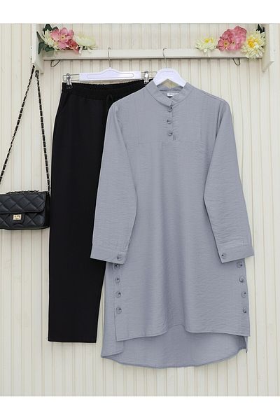 Modamorfo Judge Collar Tunic with Button Detail on the Sides - Gray