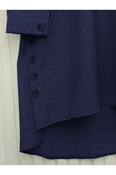 Modamorfo Judge Collar Tunic with Button Detail on the Sides - Navy Blue