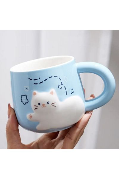 PUFO Cană ceramică Happy Kitty cu capac și linguriță pentru cafea sau ceai, 350 ml, albastră