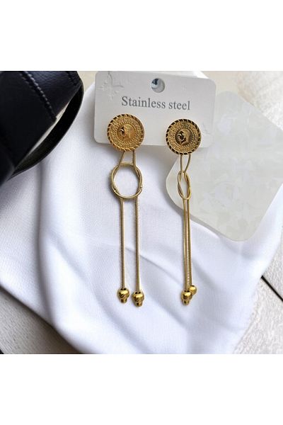 Meyra Accessories Women's Steel Earrings Tarnish-Free Stainless Gold Patterned Long Chain Gold Earrings Luxury a Quality