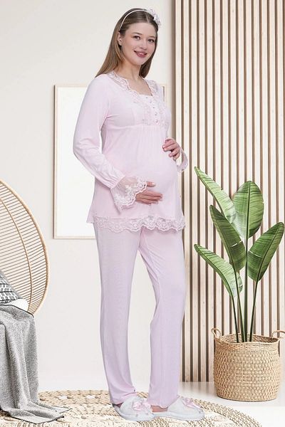Mecit Pijama Women's Long Sleeve Lace (Guipure) Detailed Maternity Pajama Set 75% Cotton 25% Viscose
