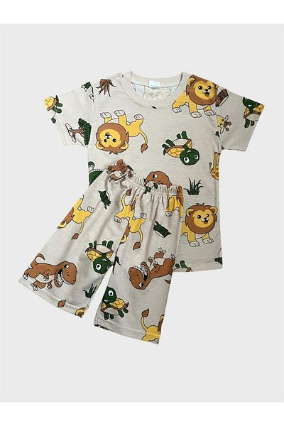 tusem butik homewear Boy's Beige Safari Patterned Short Sleeve Shorts Summer Pajama Set