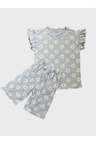 ALİŞ KİDS Girl's Cotton Gray Color Daisy Patterned Short Sleeve Summer Shorts Pajama Set