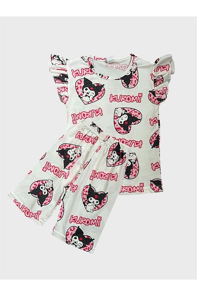 tusem butik homewear Set de pijamale de vară pentru fete, bumbac, culoare albă, cu model Kuromi, cu mâneci scurte